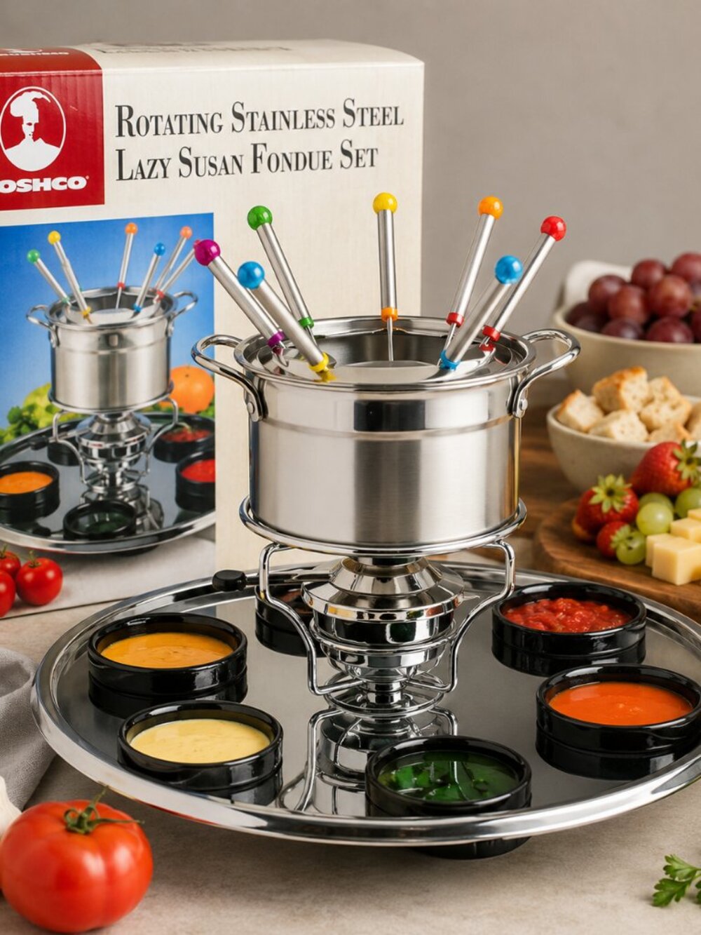 Roshco Stainless Steel Lazy Susan Rotating Fondue Set